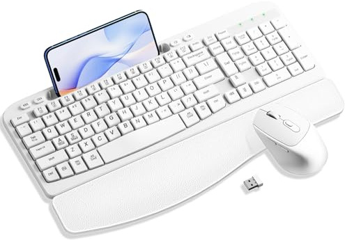Kabellose Tastatur und Maus Combo, Wave Keys Computer Ergonomische Tastatur mit gepolsterter Plam Rest, Telefonhalter, 2,4 GHz Silent 6 Tasten Wireless Mouse Set für Laptop, PC, Windows, Mac (Weiß)