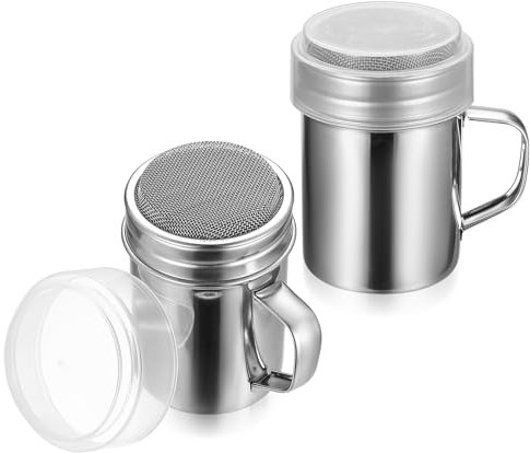 2 Pcs Flour Icing Sugar Shaker Duster, Stainless Steel Chocolate Powder Shakers Sifter Bottle with Fine Mesh Sieve, for Salt Seasoning Herb Cappuccino Cocoa Powder Spice Coffee Flour Shaker with Lid