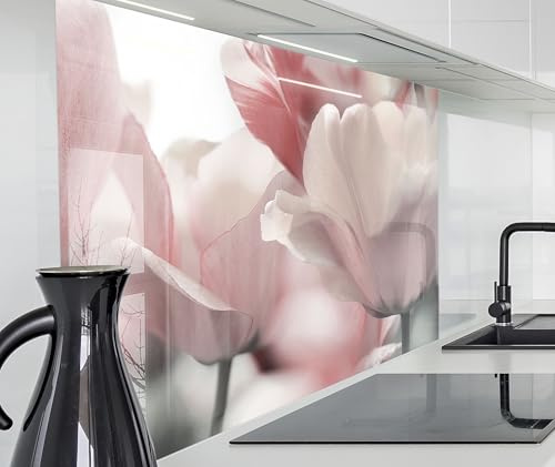 timalo Spritzschutz Wand für Herd, Küche Küchenrückwand Glasoptik | Acryl Glas 2mm | Glasrückwand Acrylglas Wandpaneele Küchenspiegel | 200x58cm Zarte Rosa Tulpen Blumen