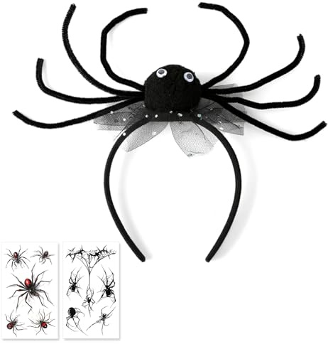 Halloween Spinne Haarreifen,Haarband Spinne mit Augen Haarreif & 2 Tattoos | Halloween Haarschmuck mit 2 Aufkleber,Stirnband zu Karneval & Fasching,für Fasching Karneval,Maskerade,Cosplay Dekoration