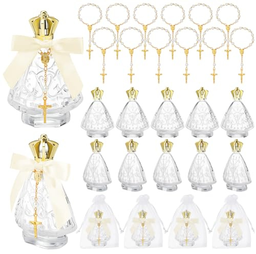 AHANDMAKER 12 Set Heilige Flasche als Taufgeschenk (50 ml Leerbehälter Mit Kreuz Rosenkranz Und Schleife) – Taufdekoration Für Gäste Kirche Hochzeit Taufe – Gastgeschenke