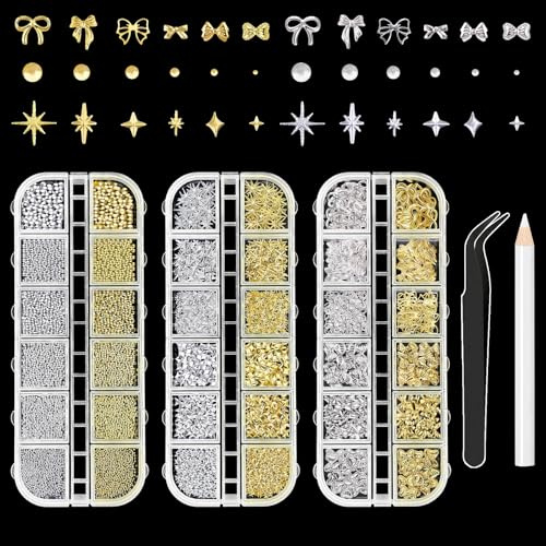 Sularpek 3D Nail Charms, 3 Boxes Gold Silver Nail Gems Rhinestones with Tweezers, Assorted Bows Stars Pearls Nail Art Charms for Women Girls DIY Manicure Accessories