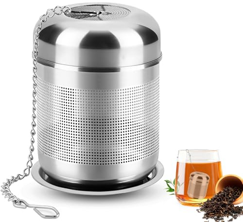 elzle Infusore per Tisane,Filtro Per Tè In Acciaio Inox,Filtro per Tè Sfuso | Filtro da Tè in Acciaio Inossidabile 304,con Catena Lunga e Vassoio Raccogligocce Rotondo, per Infusione di Tè Sfuso