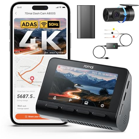 【70mai A800SE Dashcam + 128GB SD Karte + UP06 + Akku Pack BL96NNX】 70mai A800SE Dashcam Auto Vorne Hinten 4K+1080P, F1.55 Blende HDR Nachtsicht, 210Sek.Puffer Notfall-Voraufzeichnung, Parküberwachung