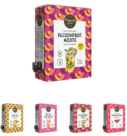 Punch Club Premium Craft Cocktail Auswahl - Ready to Serve - Von Champion-Mixologen entwickelt - 500ml Glasflasche oder 1,5L Bag-in-Box Vorratspack (Cocktail 1,5L Passionsfrucht Mojito)