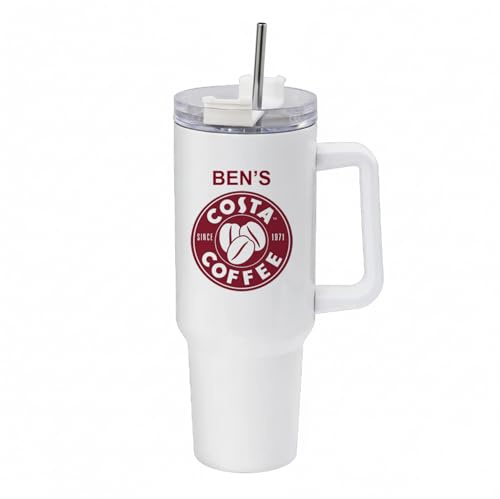 Giftme Personalised with Any Name Costa Unique, 40oz Travel Tumbler with Handle & Straw |Stainless Steel Large Cup | Travel Water Bottle | Car Coffee Mug. (White)