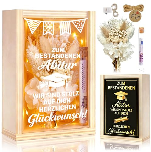 Abitur 2026 Geschenke,Verpackung für Geldgeschenke Abi inklusive Getrocknete Blumen, Holzbox, Kunststoff Reagenzglas, Lichterketten,Karte,Kreative Bestandene Prüfung Geschenke zur Abitur Graduation