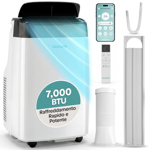 SereneLife Climatiseur portable 7000 BTU, climatiseur portable, pingouin, climatiseur avec WiFi, déshumidificateur, ventilation, télécommande, kit fenêtre, silencieux, maison, bureau, école