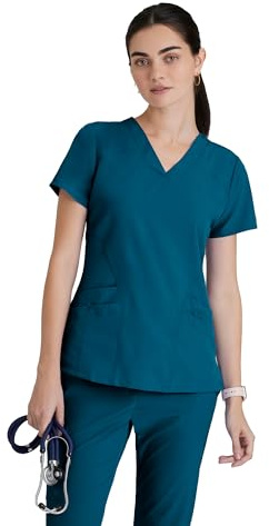 BARCO ONE Women's Pulse Scrub Top, Sporty V-Neck Medical Top w/ 4-Way Stretch & 5 Pockets, Bahama, XS