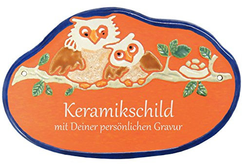 Handarbeit aus Schleswig-Holstein Keramikschild 22 x 14 cm Motiv Zwei Eulen auf AST