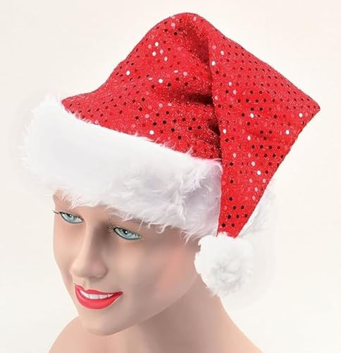 Gifts 4 All Occasions Limited SHATCHI Deluxe Santa Father Christmas Hat with Sequin Fancy Dress Costume Accessories Party Celebration Outfit Decorations Display, Red/White