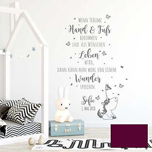Wandtattoo Babyzimmer Spruch Zitat & Schmetterlinge Kinderzimmer Wanddeko Wandgestaltung mit Namen & Datum M2339 - ausgewählte Farbe: *beere* ausgewählte Größe: *M - 54cm hoch x 80cm breit *