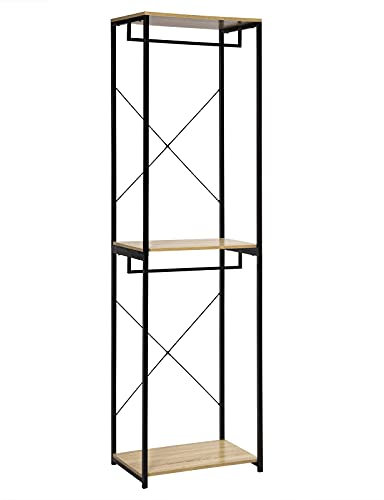 WOLTU Porte-Manteau pour Chambre Portant en Bois et Acier avec 2X Tringles pour Suspension Range-vêtements très Rubuste Noir + Chêne Clair