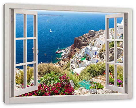 Pixxprint Griechische Küste, Fenster, Größe: 120x80cm, Leinwandbild, fertig gespannt, Wandbild, Dekoration, Kunstdruck, kein Poster