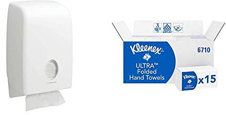 Aquarius, 6945, Spender für Falthandtücher, Weiß, 1 x 1 Spender + Kleenex Ultra, 6710, gefaltete Handtücher, 3-lagig, weiß, 15 Packungen x 96 Tücher