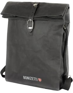 Bonizetti Rucksack KANSAS - Freizeitrucksack 26 x 13 x 35cm aus veganem und wasserabweisendem Kraftpapier Schwarz Papierrucksack, umweltschonend, Daypack, Roll Top, Naturmaterialien, Tasche
