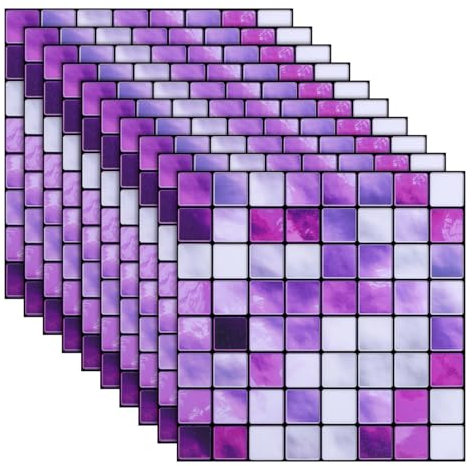 Stick on Tiles: 10pcs Self Adhesive Peel and Stick Wall Tiles Mosaic Crystal Purple Stickers Decorative Decals Removable Waterproof Film Wallpaper Floor for Bathroom Apartment Decor