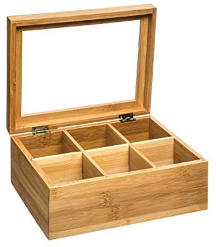 VITA PERFETTA Boîte à thé 6 Compartiments en Bambou - Boîte de Rangement pour le Thé et les Sachets de Thé (22 x 16 x 9 cm)