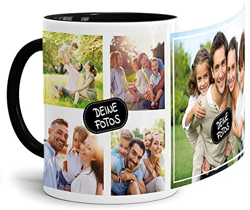 Foto-Tasse zum selbst gestalten mit Foto-Collage für 5 Wunschfotos - Geschenk für Familie, Freunde, Geburtstag, Weihnachten - Keramik Innen & Henkel Schwarz, 300 ml I Personalisiert