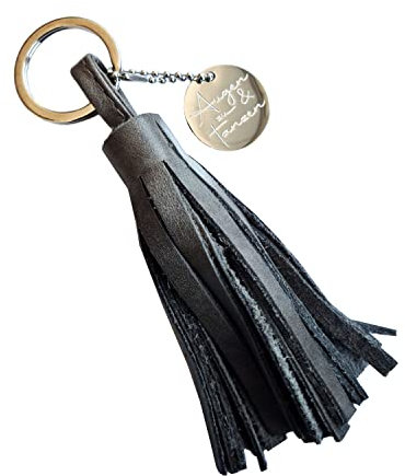 Schlüsselanhänger Taschenanhänger mit Leder-Quaste in Grau und Mantra-Charm aus Edelstahl AUGEN ZU UND TANZEN