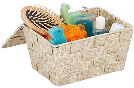 Relaxdays 3 x Aufbewahrungskorb mit Deckel, Flechtoptik, Bad Organizer HxBxT: 10,5 x 19,5 x 14,5 cm, Körbchen Kunststoff, beige