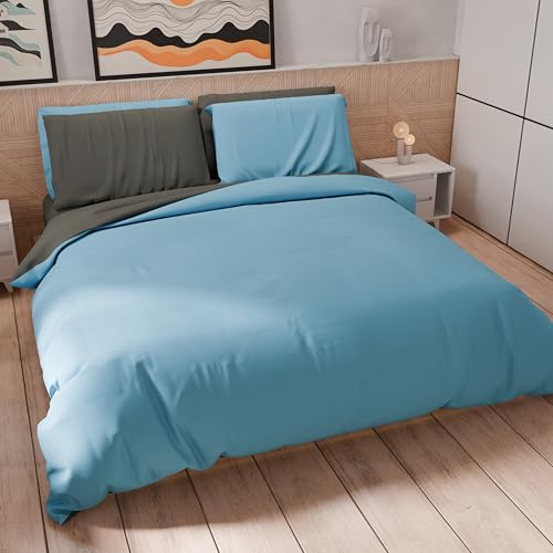 Petti Artigiani Italiani - Bettwäsche-Set für Doppelbett 250 x 200 cm (2 Kissenbezüge 50 x 80 cm inklusive), Bettbezug weiche Mikrofaser, einfarbig, hellblau - Dunkelgrau