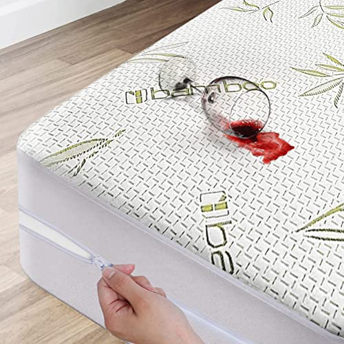 Coprimaterasso in bambù con cerniera, 100% impermeabile, per letto matrimoniale XL, in tessuto jacquard ultra morbido, traspirante, silenzioso, con cerniera