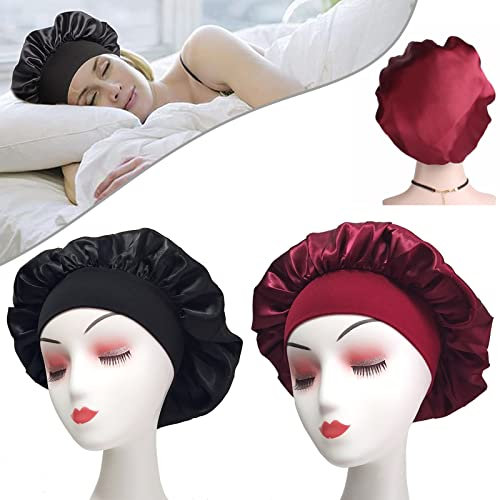 MUFEKUM Satin Schlafmütze, Satin Bonnet Seide Schlafhaube, Atmungsaktive Schlafkappe Nachtmütze Bonnet, Große Seide haube zum Schlafen Weiche Satin Haube für Damen Mädchen (Schwarz+Wein)