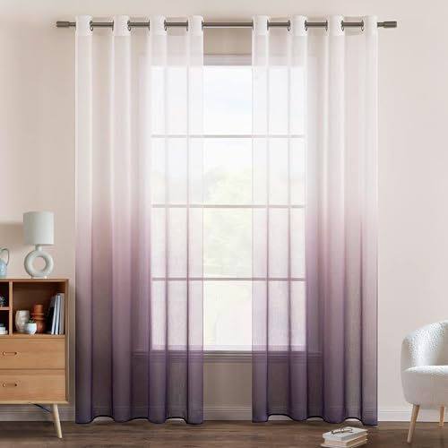EMEMA Gardinen Transparent Vorhänge Voile Sheer Vorhang mit Ösen Farbverlauf Dekoschal Fensterschal für Schlafzimmer und Wohnzimmer 175 cm x 140 cm(H x B) 2er Set Weiß Lila