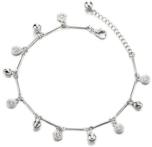 COOLSTEELANDBEYOND Femme Magnifique Chaîne Maillons Bracelets de Cheville avec Pendantes Cercles Disque et Grelot, Réglable