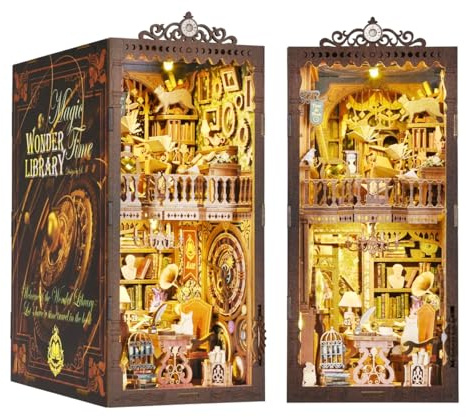 Habarri Book Nook, DIY Miniaturhaus Bausatz, 3D Holzpuzzles Set, Bücherecke für Erwachsene, Häuser Modellbausätze mit LED Leuchten, Miniatur Puppenhäuser Haus - Bibliothek der Weisheit