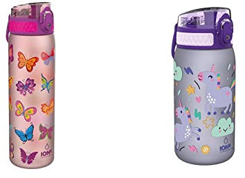 ion8 Auslaufsichere Schlanke Trinkflasche, BPA-frei, Schmetterlinge, 600ml & Einhorn-Flasche für Kinder, leckagefrei, BPA-frei, Violett, 350 ml