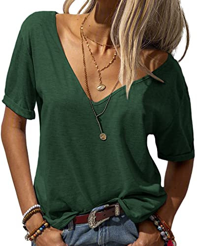 Tankaneo Damen Mode tief V-Ausschnitt Kurze Ärmel Tops Solide Lässig Lose Basic T Shirt Grün XXL