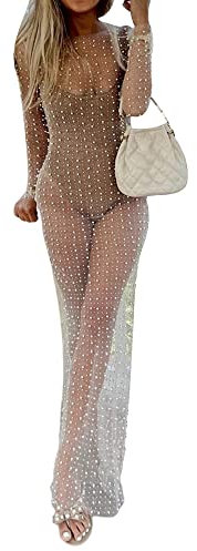 YILEEGOO Sexy Women's Sheer Mesh Pearl Rhinestone Cover Up Dress Beach Swimwear Bikini Bathing Suit Cover Ups (White, S)