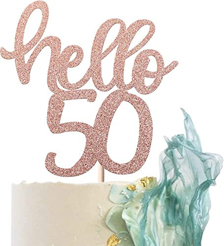1 Stück Hello 50 Tortendeko, 50th Geburtstagstorte Pick Glitter Geburtstag Kuchendekoration Cupcake Topper Dekoration für 50th Geburtstag Hochzeit Jahrestag Torte Dekorationen Party Zubehör Rosegold