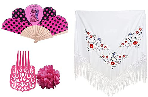 Pack Accesorios Flamenco para Mujer, Mantón con Flores Flamencos Sevillana para Fiesta de Baile, Pinzas de Pelo Tradicional, Abanicos en Diseño Flamenco (Pack Fucsia 4pcs)
