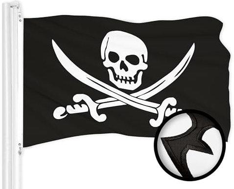 G128 Piraten-Flagge mit Jolly Roger-Schwertern, ToughWeave-Serie, bestickt, 300D-Polyester, besticktes Design, für drinnen und draußen, Messingösen