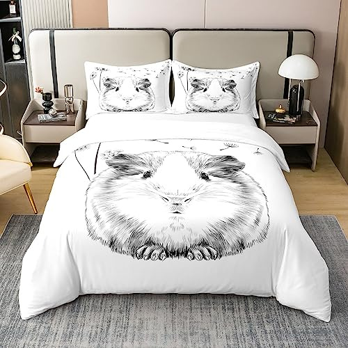 Homewish Baumwolle Meerschweinchen Bettbezug Löwenzahn Bettwäsche 135x200 | Ckunstoon Meerschweinchen Quilt Cover für Kinder Nette Tier Pflanze Tröster Abdeckung Grau Weiß Bettdecke Schlafzimmer Dekor