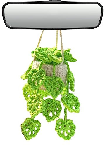 Imtrub Auto Topfpflanzen Häkeldekor,Gestrickter Pflanzenkorb zum Aufhängen am Autospiegel | Autospiegel-Hängezubehör, handgefertigte gestrickte Rückspiegel-Dekoration für Auto, Schlafzimmer