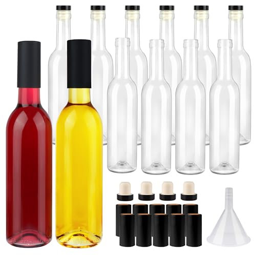 GUANENA 12 Pack 12oz Clear Glass Bottles with Cork Lids and PVC Shrink Capsules, 375 ml Empty Home Brewing Wine Bottles with Funnel for Sparkling Wine, Juice, Kombucha, Beverages