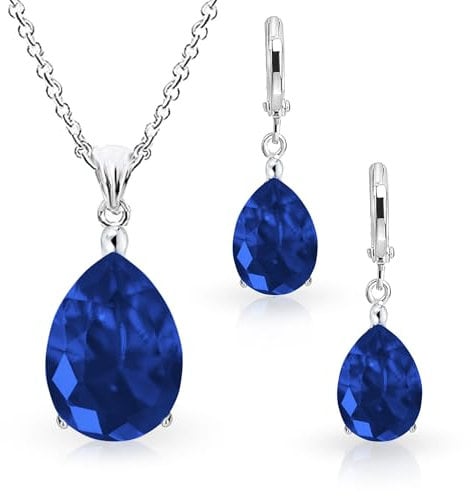 Crystalline Azuria Tropfenform Blauer simulierter Saphir Zirkonia Kristalle Schmuck-Set Halskette Anhänger 45 cm Ohrringe 18 kt Weiß Vergoldet