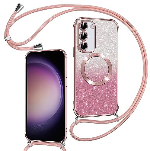 Phoona Couqe Magnétique pour Samsung Galaxy S23 Plus 5G Con Cordon, Compatible avec MagSafe, Brillant Glitter Pailleté Antichoc Durable Résistante Etui Housse pour Samsung S23 Plus 5G Bumper, Rose