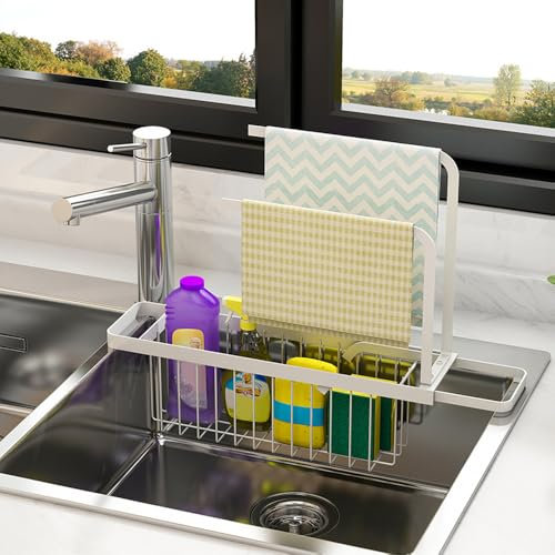 MININUSI Organizador de Fregadero Extensible 34~45cm Estante de Almacenamiento Telescópico para Fregadero Escurridor de Cocina Soporte Fregadero Organizador Encima Fregadero Cocina Estropajo Cepillos