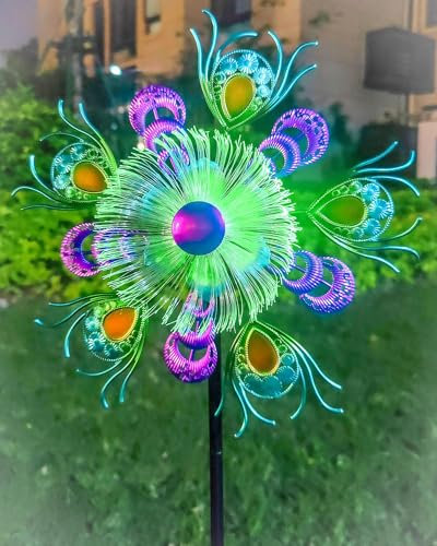 Solar-Pfauen-Windspiel für Hof und Garten, 101,6 cm, solarbetriebene Windmühle, Garten, Whirligig, kinetische Spinner, Dekoration für Rasen, Terrasse und Hof, Metallwirbel, grüne Windspiele für den