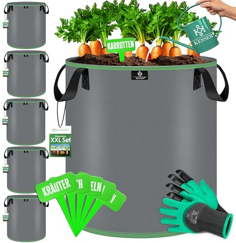 KESSER® Pflanzsack 20 Liter - 5er Set | Pflanzsäcke aus Vlies-Stoff inkl. Schildchen & Gartenhandschuhe | Kartoffel-Pflanztasche mit Fenster & Griffen | Pflanzbeutel für Gemüse Blumen Früchte Grau