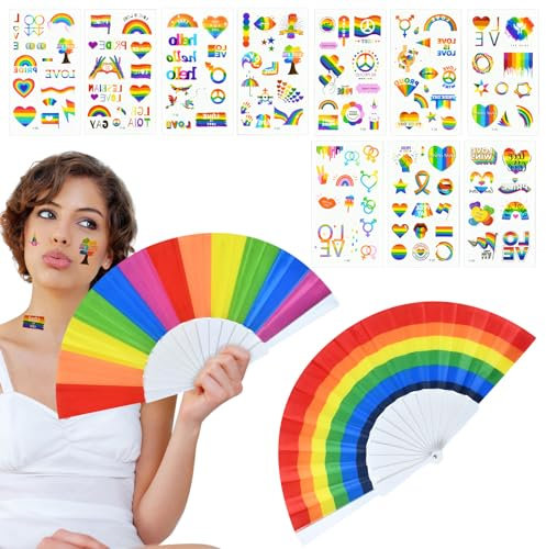 Pride Fächer,Regenbogen Fächer,Pride Handfächer Faltbare,mit Pride Tattoos,für LGBT Pride Party, Pride Month Parade,CSD Pride Accessoires Frauen Männer(C)
