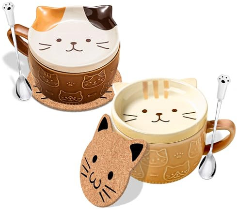 Cute Kawaii Cat Coffee Mugs with Lids - Birthday Gifts For Women - Funny Novelty Cat Coffee Ceramic Tea Cup - 2Set