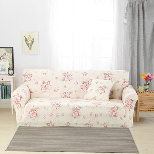Bishilin Sofa Überzug Ecksofa 4 Sitzer, Couchbezug Eckcouch Universal Landhausstil mit Rosa Blumen Muster Beige 235-300CM Sofabezug Elastisch rutschfest
