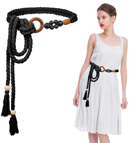 KALIONE Damen Gürtel Für Kleid, Boho Geflochtene Taille Gürtel Schwarz Quaste Gürtel Schmaler Hüftgürtel Vintage Breiter Gürtel mit Kleidern, T-Shirts, Langen Hemden, Kleid