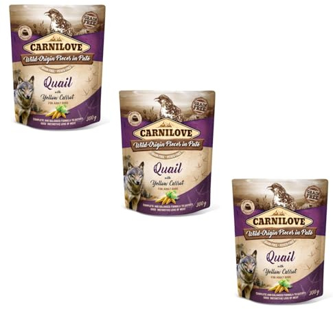 Carnilove Quail with Yellow Carrot | 3er Pack | 3 x 300 g | Nassfutter für ausgewachsene Hunde | Wachtel mit gelber Karotte | Getreidefrei | Aus 85% Fleisch und Innereien